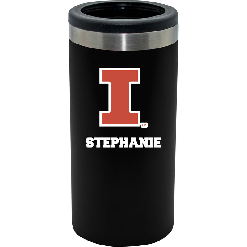 12oz Personalized Black Stainless Steel Slim Can Holder | Illinois Fighting Illini