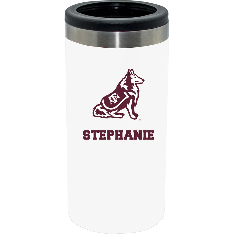 12oz Personalized White Stainless Steel Slim Can Holder | Texas A&M Aggies