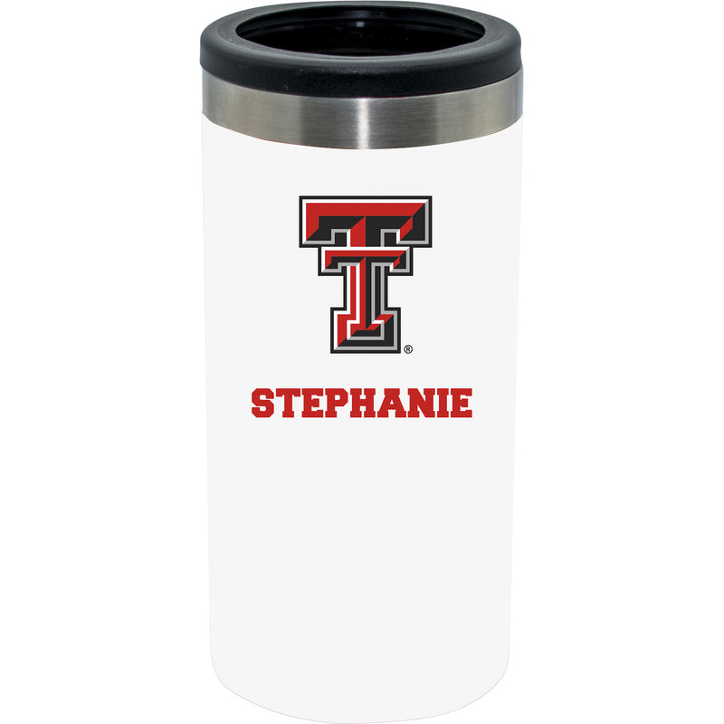 12oz Personalized White Stainless Steel Slim Can Holder | Texas Tech Red Raiders