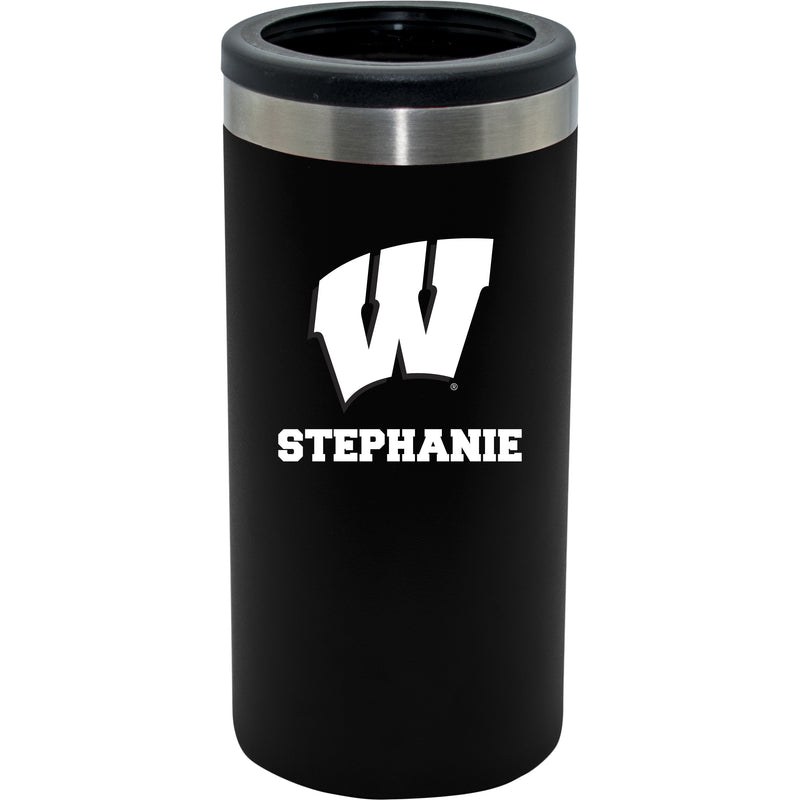 12oz Personalized Black Stainless Steel Slim Can Holder | Wisconsin Badgers