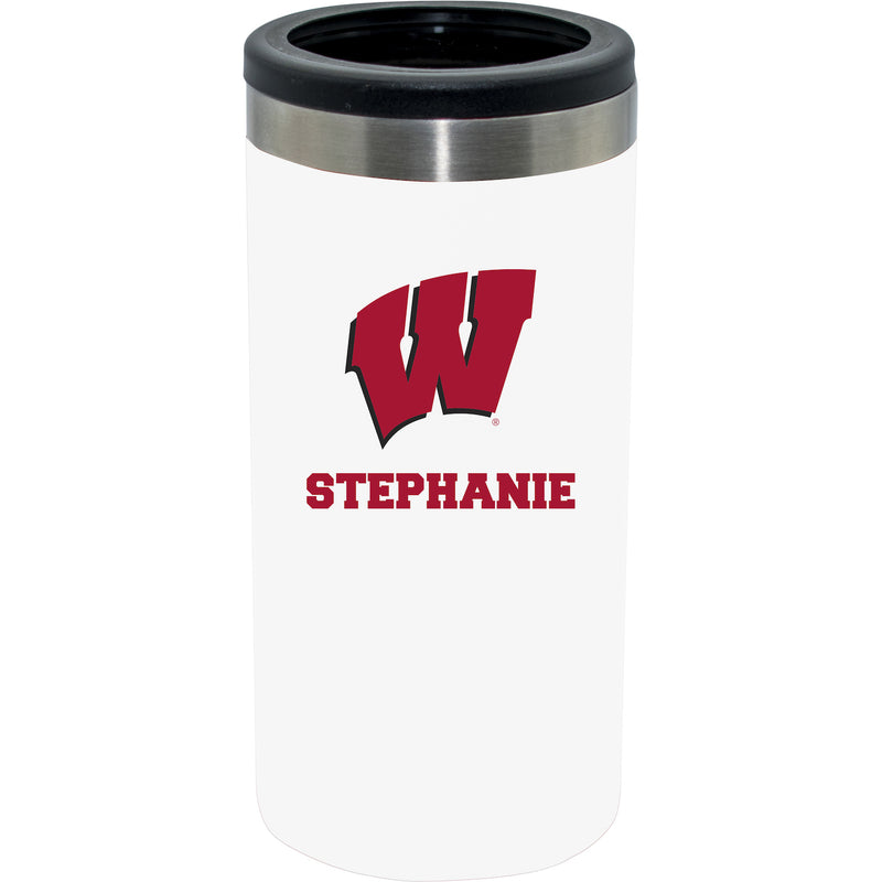 12oz Personalized White Stainless Steel Slim Can Holder | Wisconsin Badgers