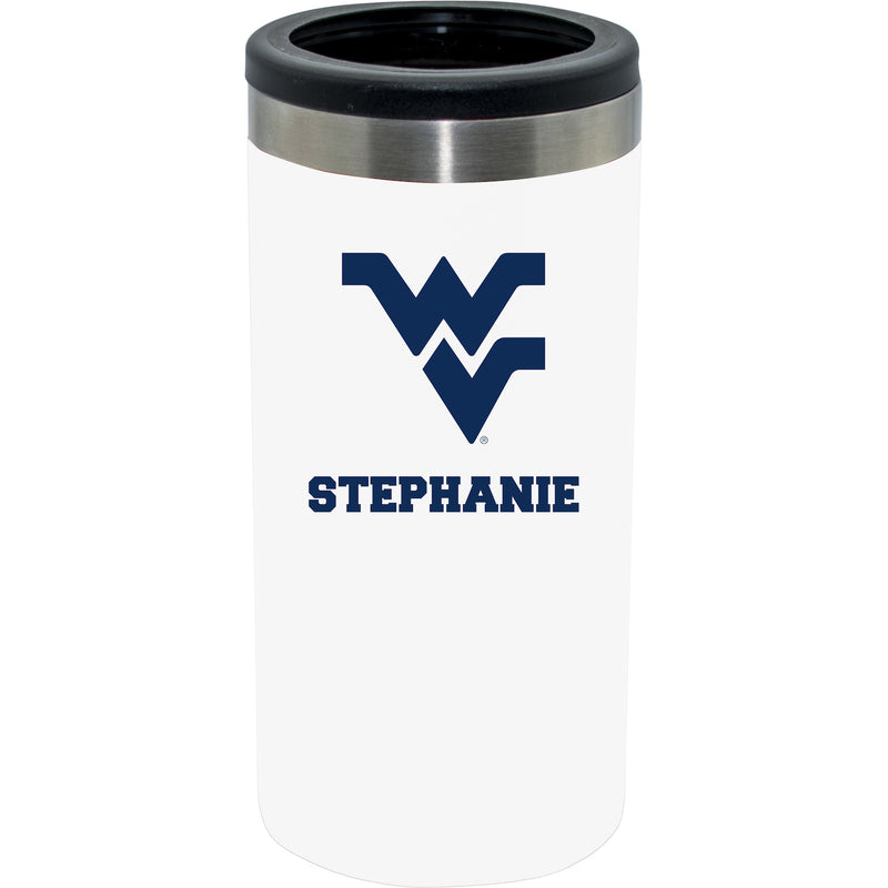 12oz Personalized White Stainless Steel Slim Can Holder | West Virginia Mountaineers
