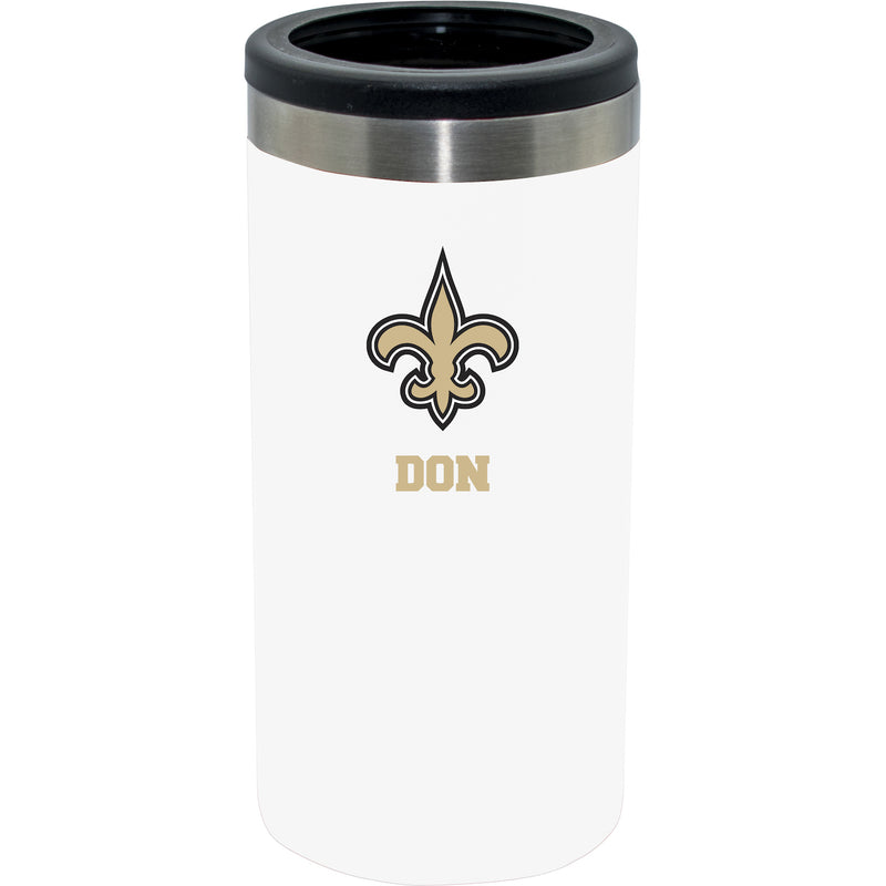 12oz Personalized White Stainless Steel Slim Can Holder | New Orleans Saints