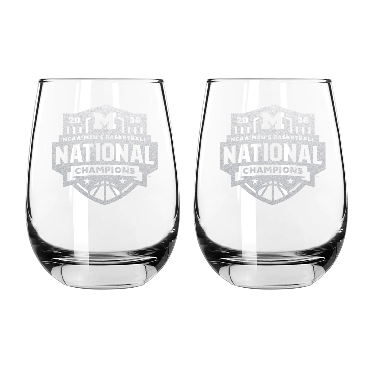 2pk 15oz Stemless Wine Glass Set, ETC, National Basketball Champs 2026, University of Michigan