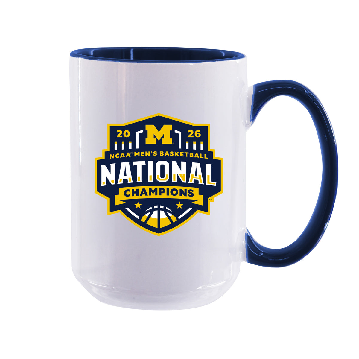 15oz White Mug w/Navy I/C, National Basketball Champs 2026, University of Michigan