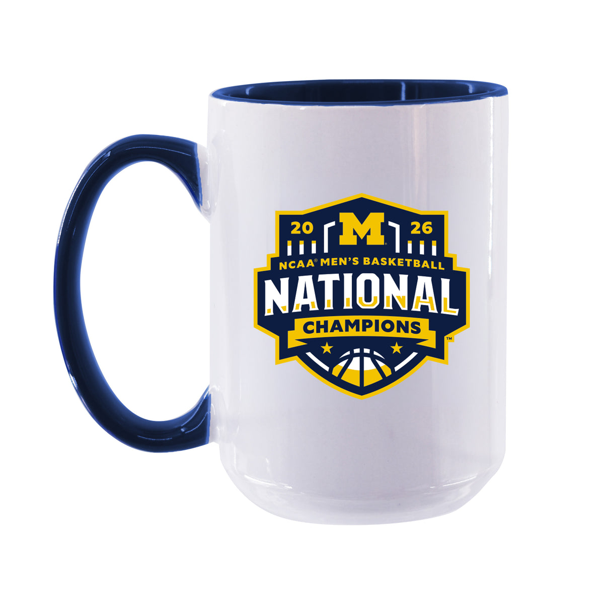 15oz White Mug w/Navy I/C, National Basketball Champs 2026, University of Michigan