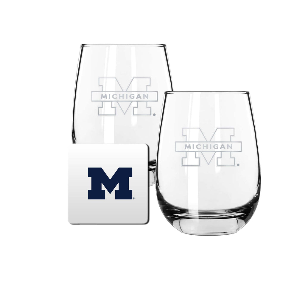 2 Pack Stemless Wine Glasses and Coaster set | University Of Michigan