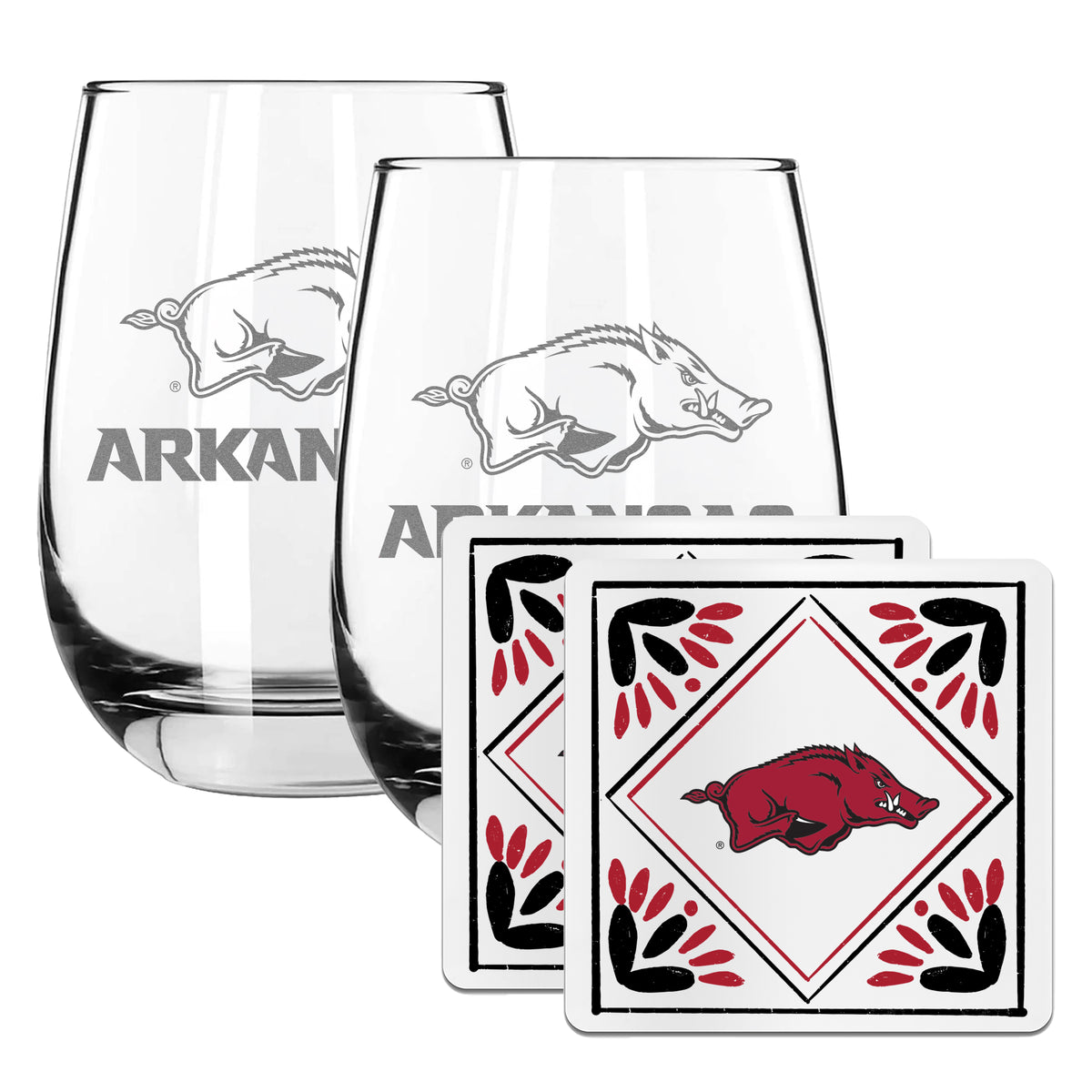 2 Pack Stemless Wine Glasses and Coaster set | University Of Arkansas