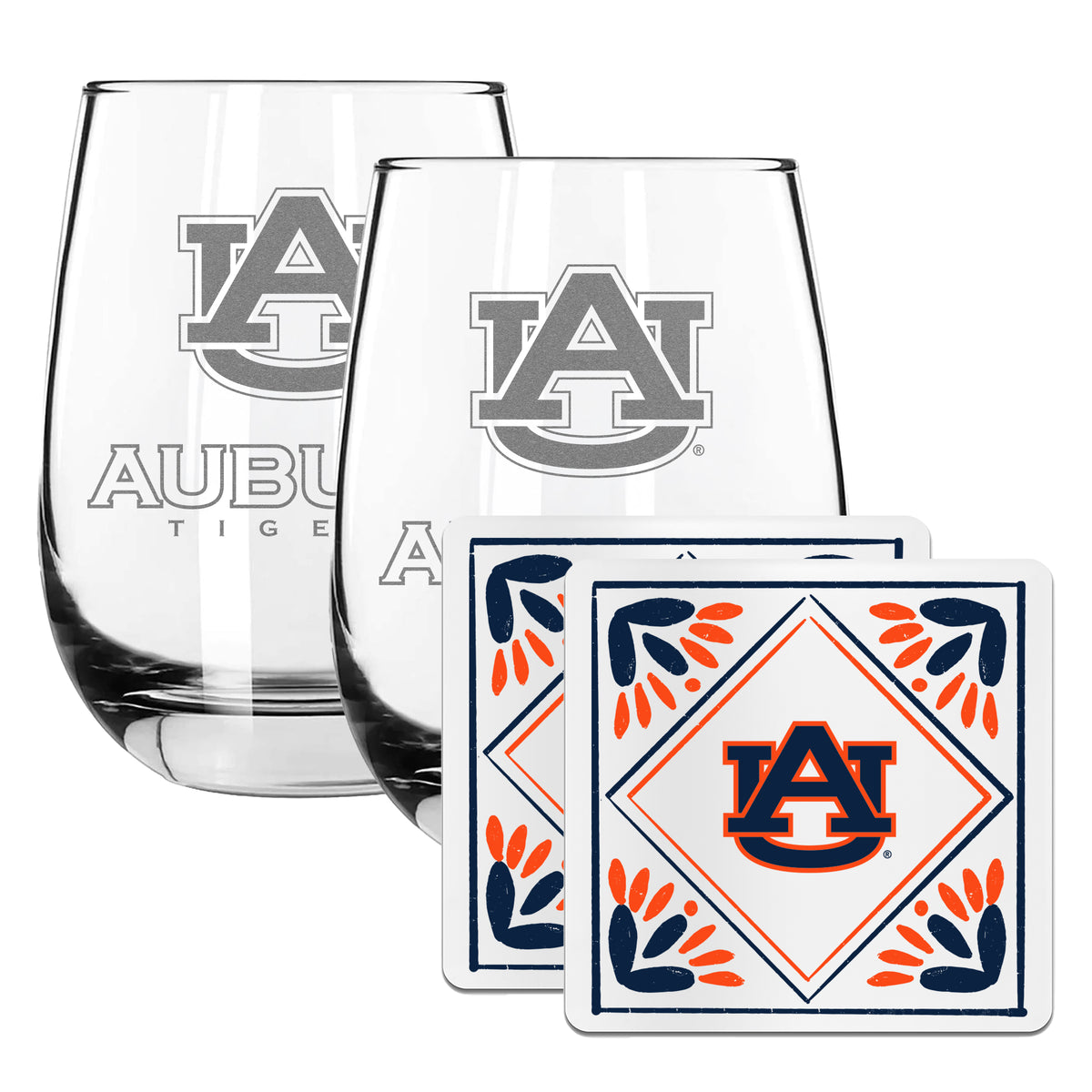 2 Pack Stemless Wine Glasses and Coaster set | Auburn University