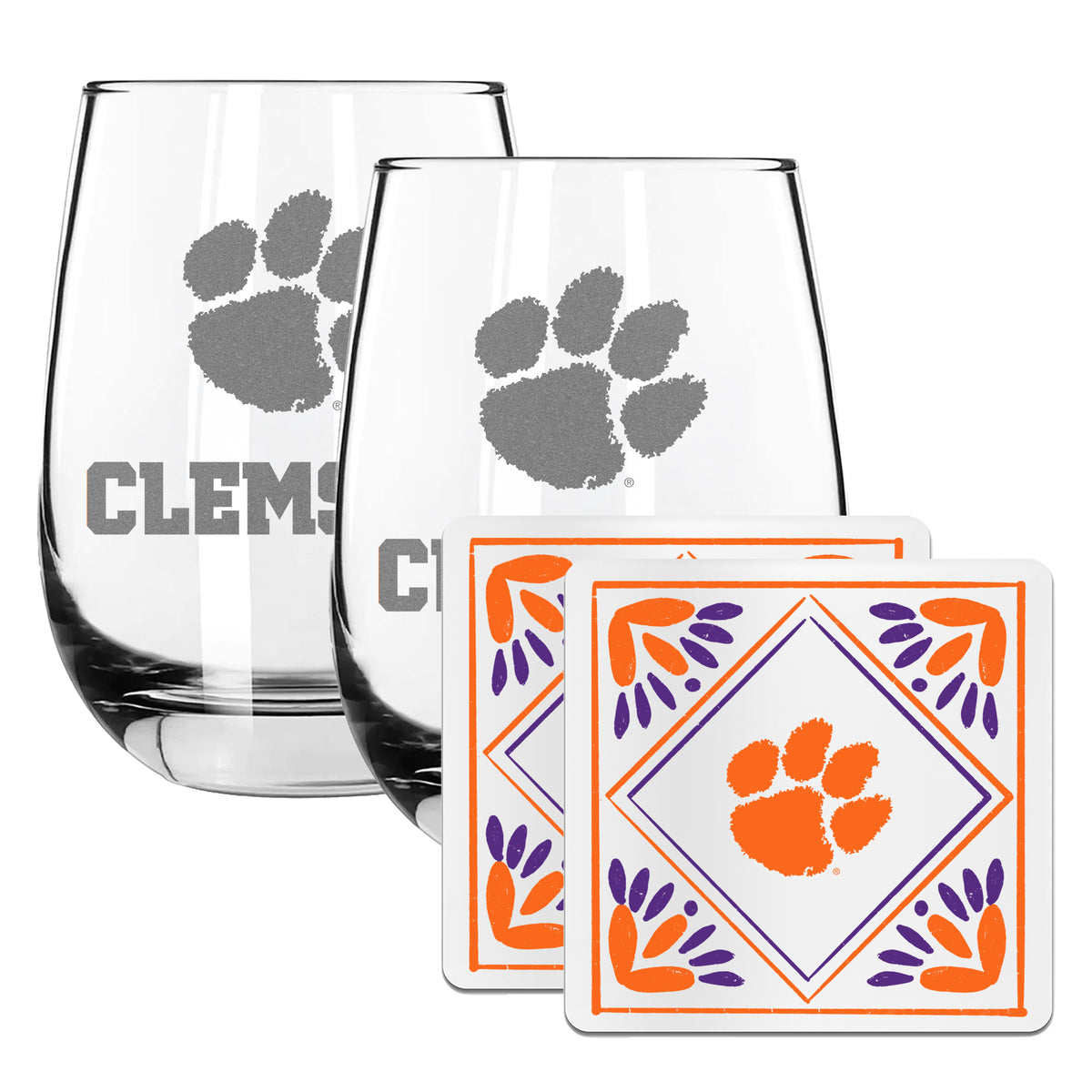 2 Pack Stemless Wine Glasses and Coaster set | Clemson University
