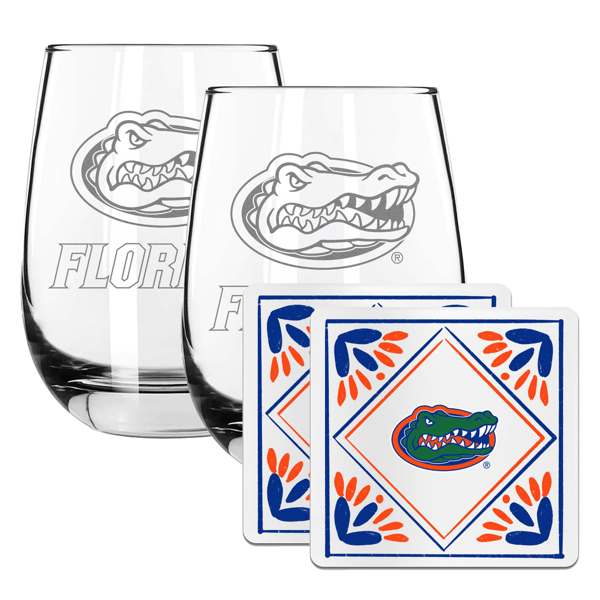 2 Pack Stemless Wine Glasses and Coaster set | University Of Florida