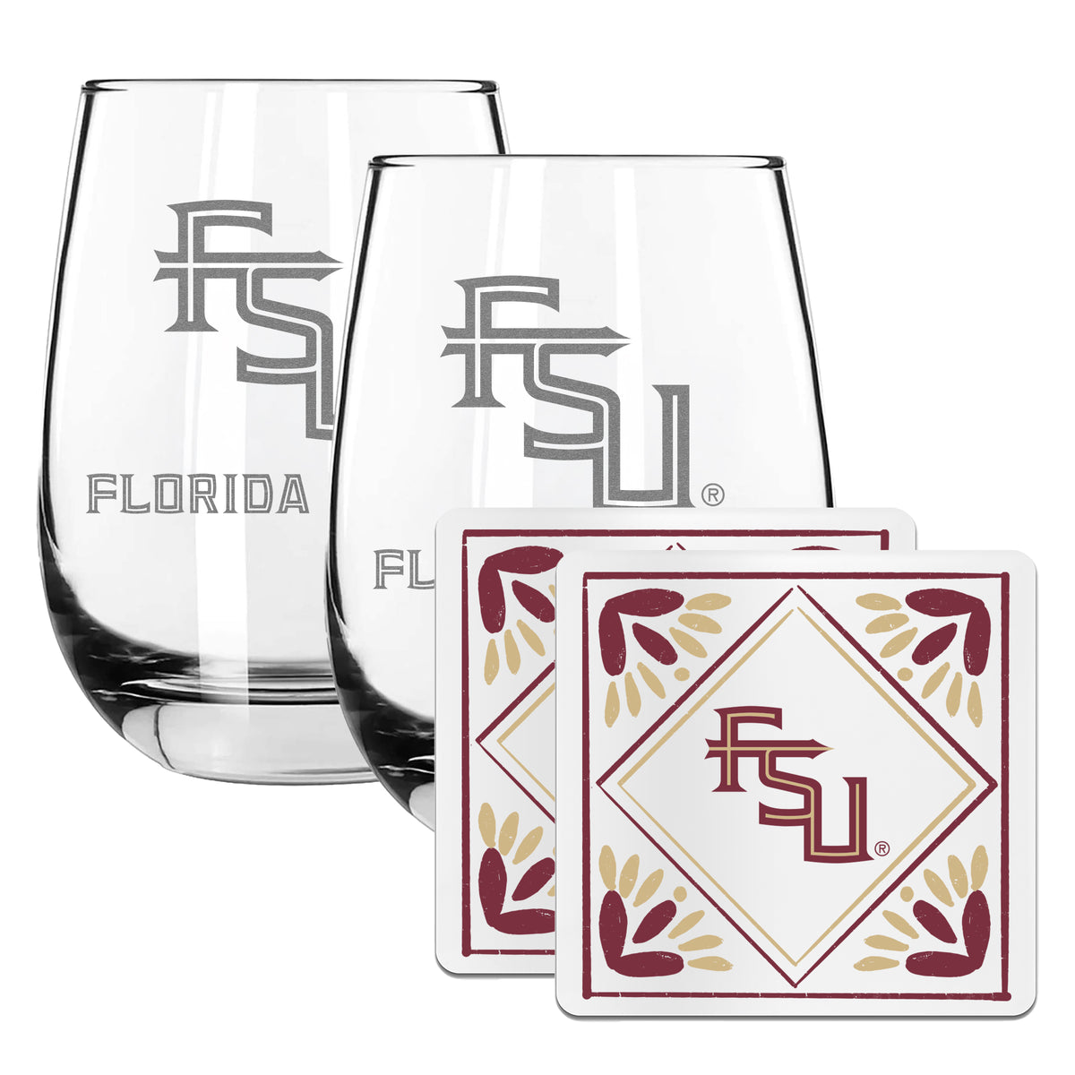 2 Pack Stemless Wine Glasses and Coaster set | Florida State University