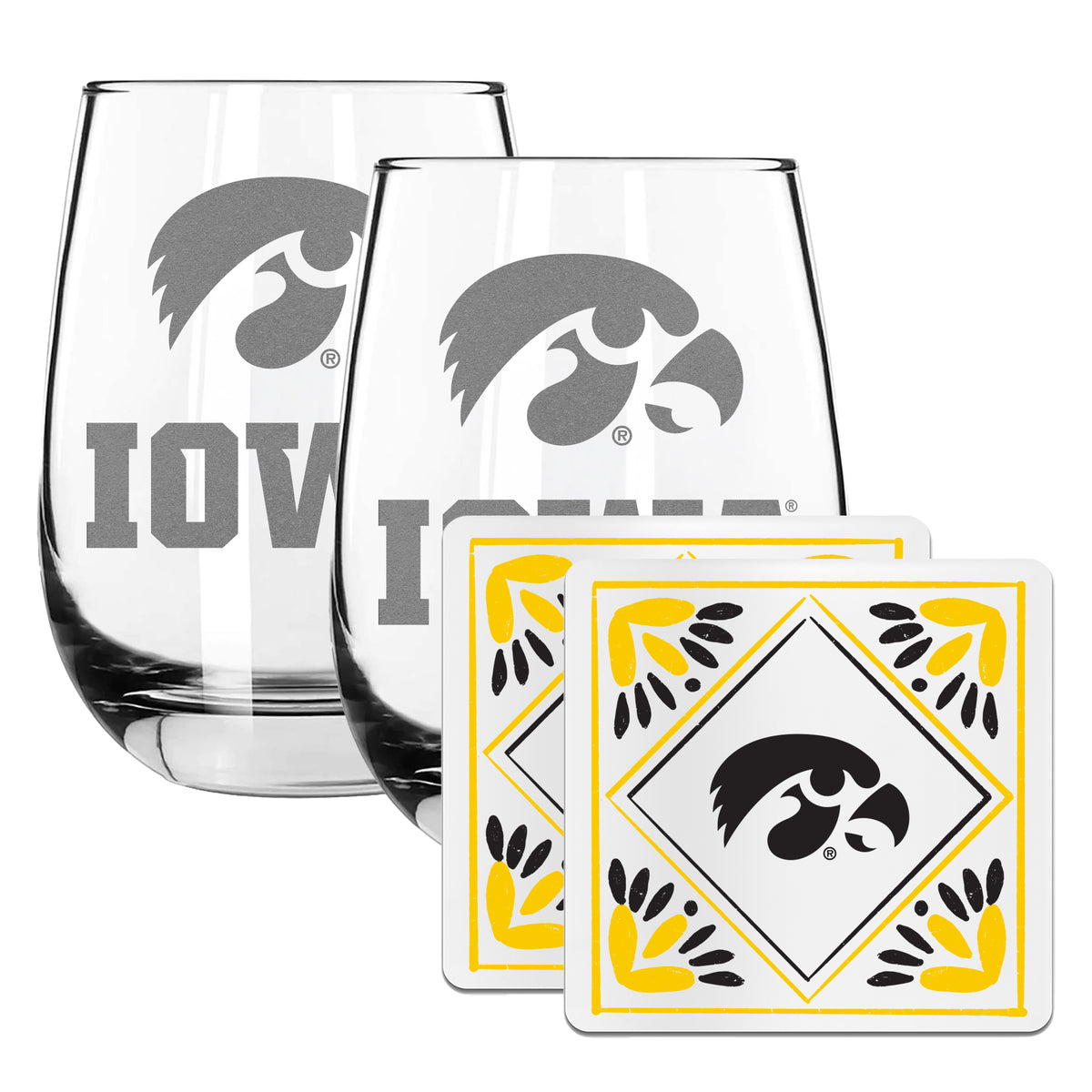 2 Pack Stemless Wine Glasses and Coaster set | University Of Iowa