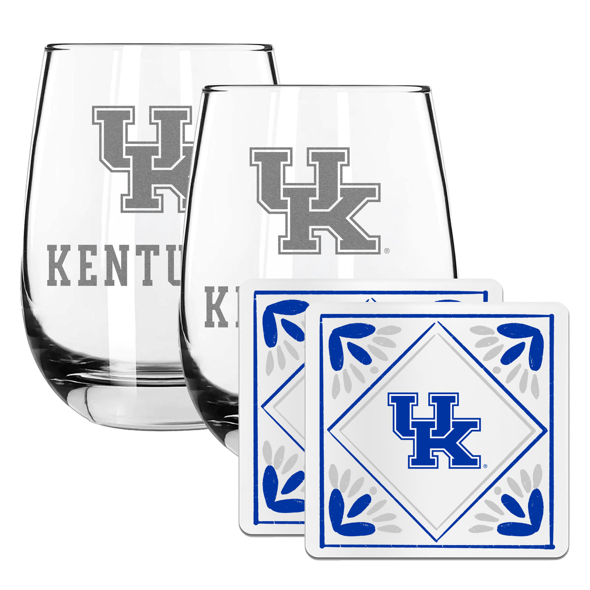 2 Pack Stemless Wine Glasses and Coaster set | University Of Kentucky