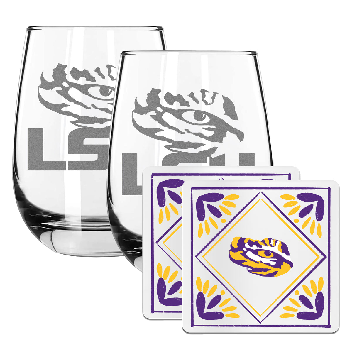 2 Pack Stemless Wine Glasses and Coaster set | Louisiana State University