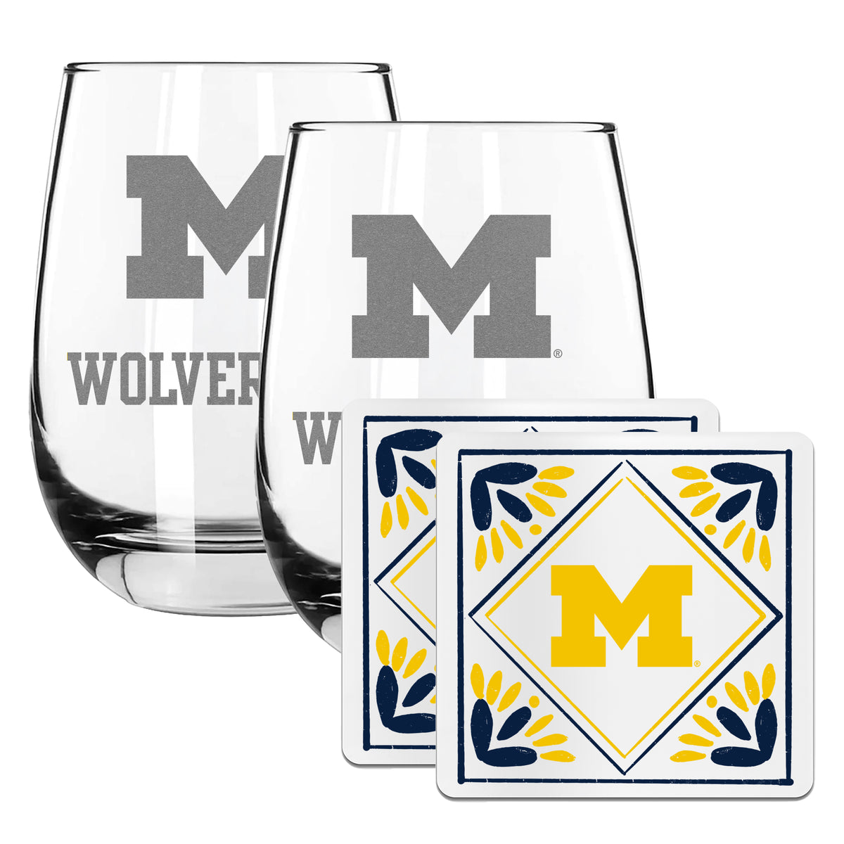 2 Pack Stemless Wine Glasses and Coaster set | University Of Michigan