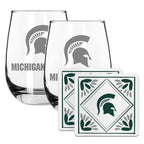 2 Pack Stemless Wine Glasses and Coaster set | Michigan State University
