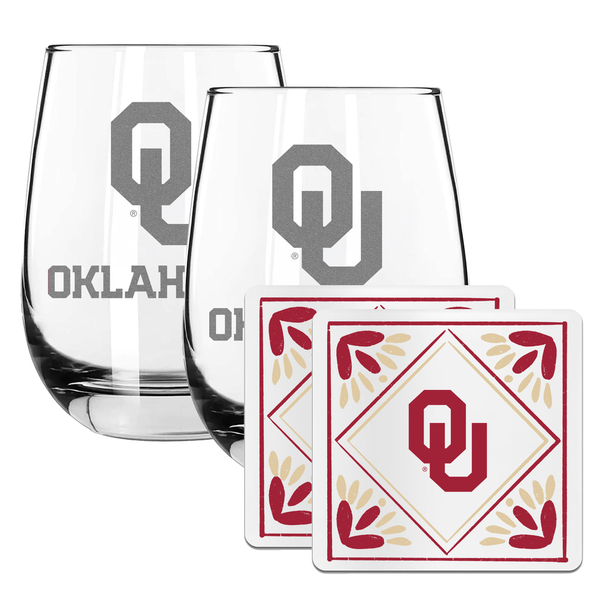 2 Pack Stemless Wine Glasses and Coaster set | University Of Oklahoma