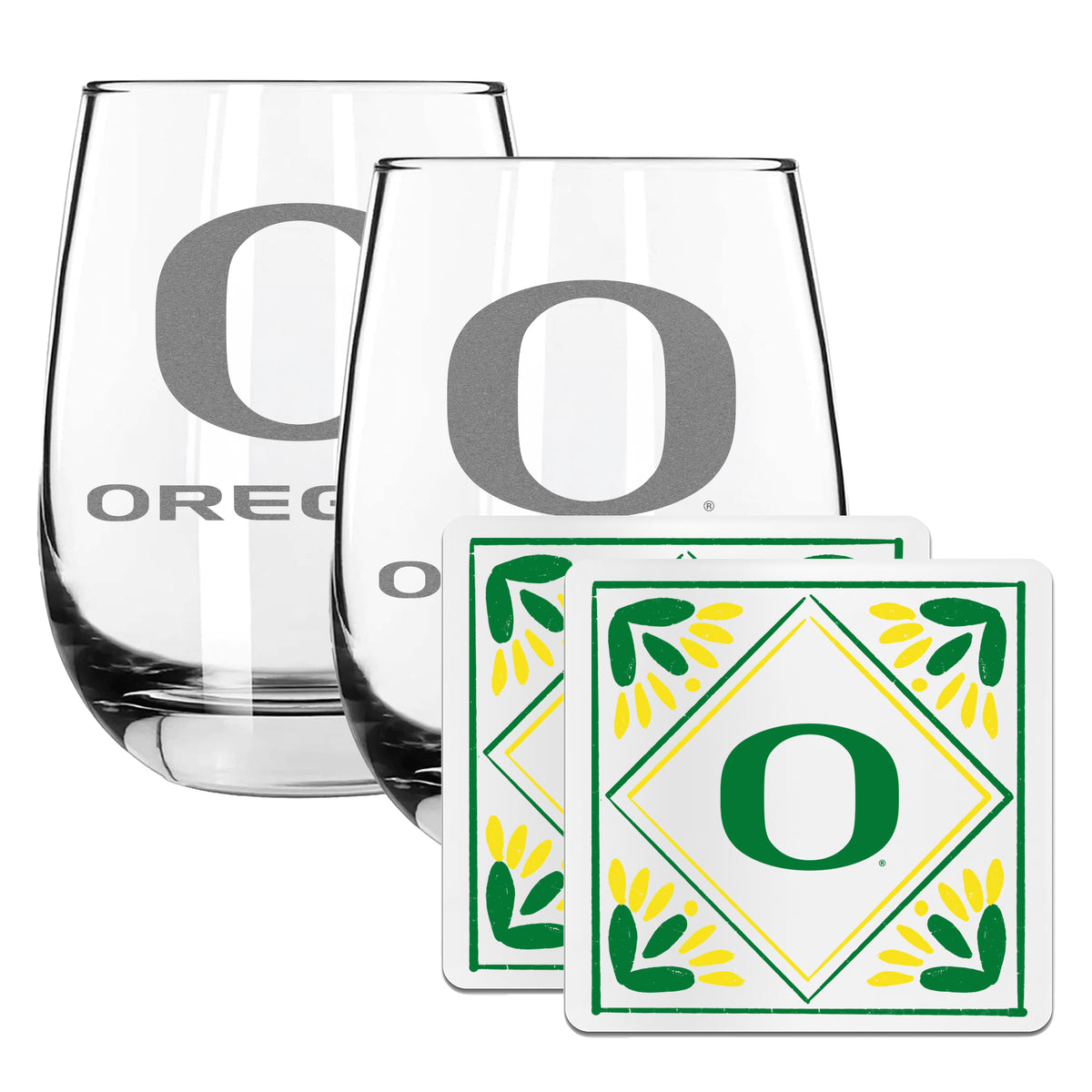2 Pack Stemless Wine Glasses and Coaster set | University Of Oregon