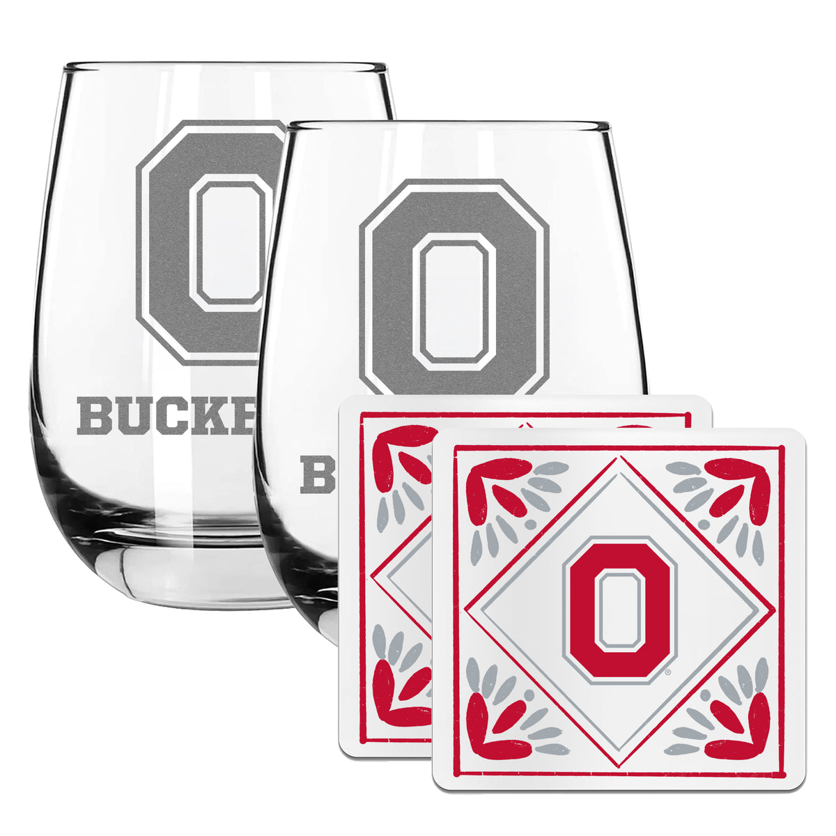 2 Pack Stemless Wine Glasses and Coaster set | Ohio State University