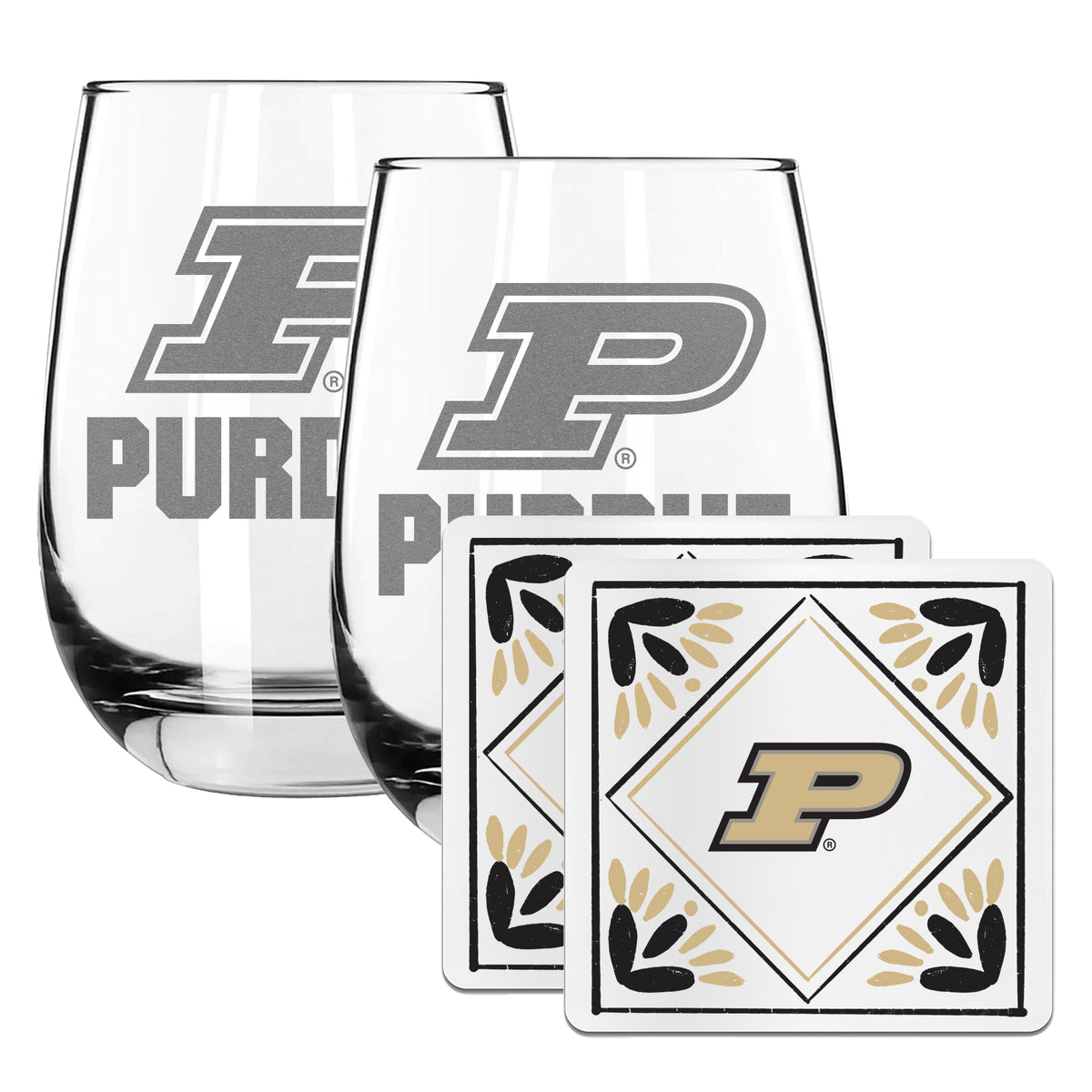 2 Pack Stemless Wine Glasses and Coaster set | Purdue University