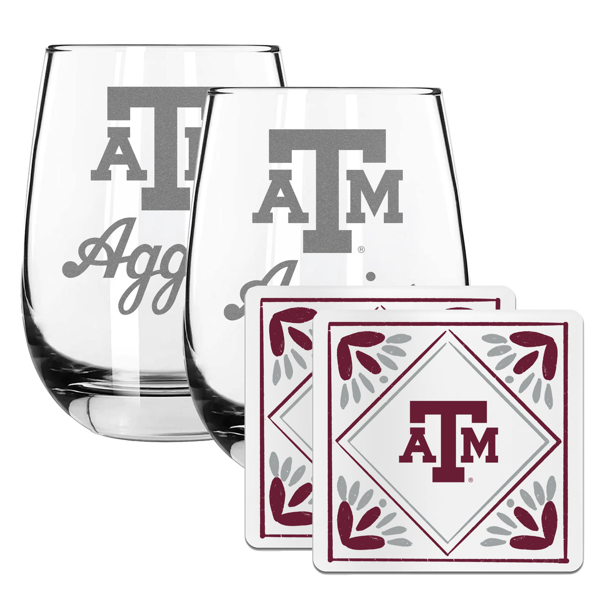 2 Pack Stemless Wine Glasses and Coaster set | Texas A&M University
