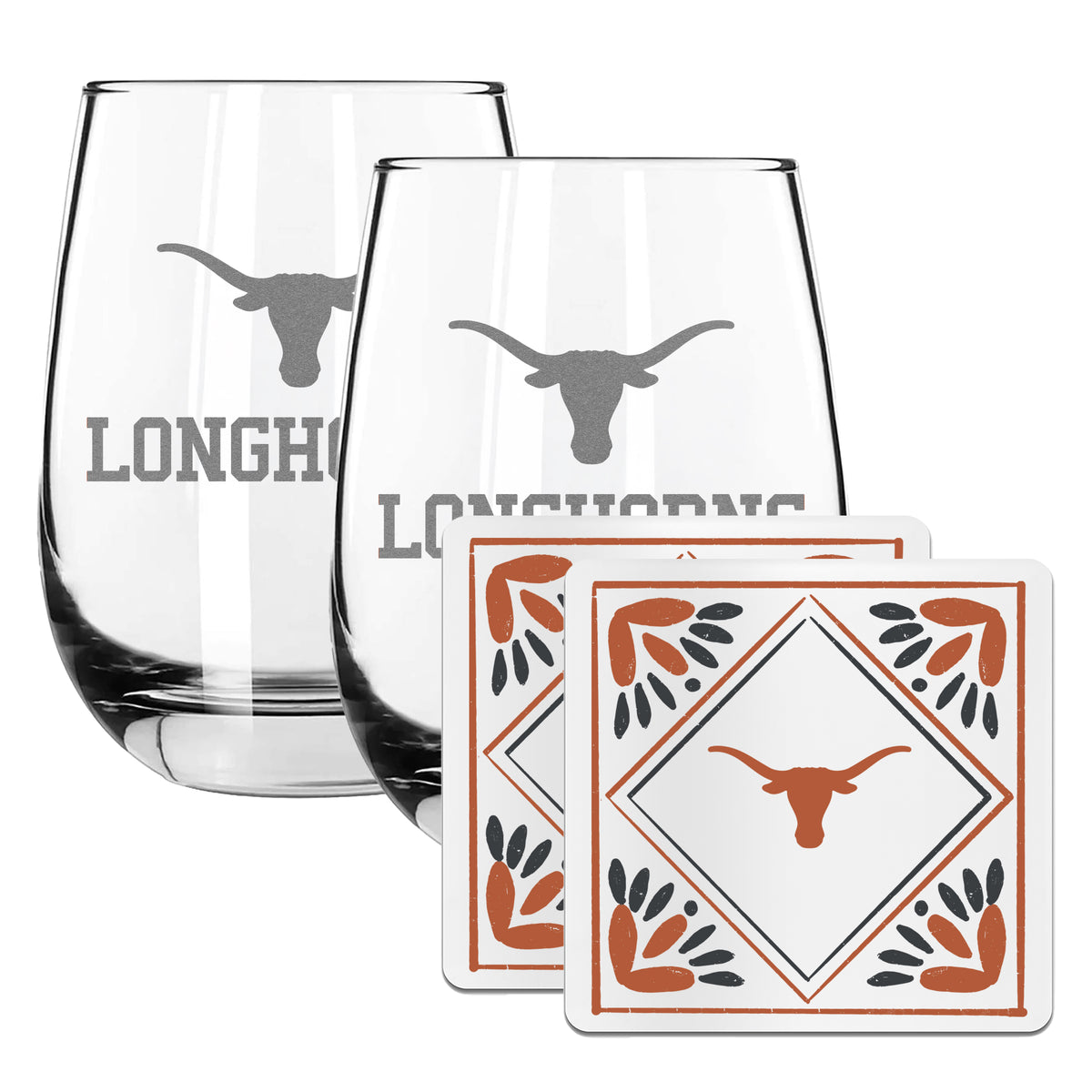 2 Pack Stemless Wine Glasses and Coaster set | University Of Texas