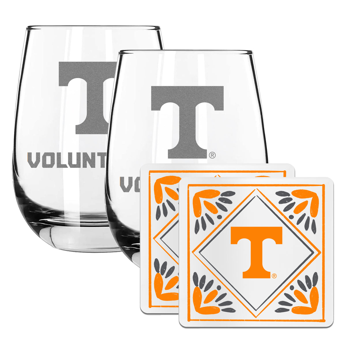 2 Pack Stemless Wine Glasses and Coaster set | University Of Tennessee