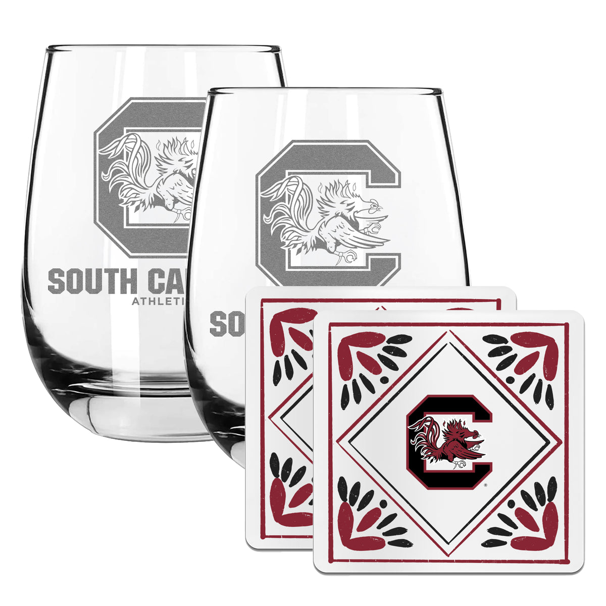 2 Pack Stemless Wine Glasses and Coaster set | University Of South Carolina