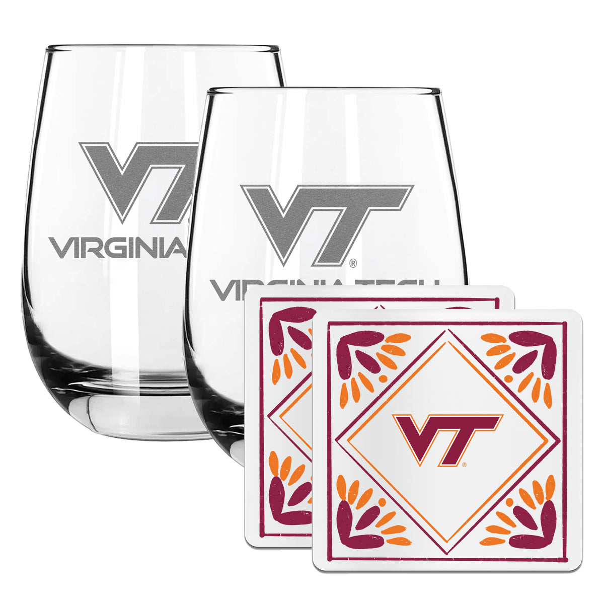 2 Pack Stemless Wine Glasses and Coaster set | Virginia Tech