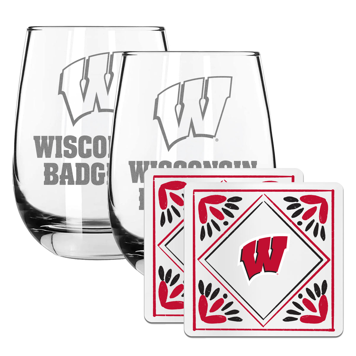 2 Pack Stemless Wine Glasses and Coaster set | University Of Wisconsin