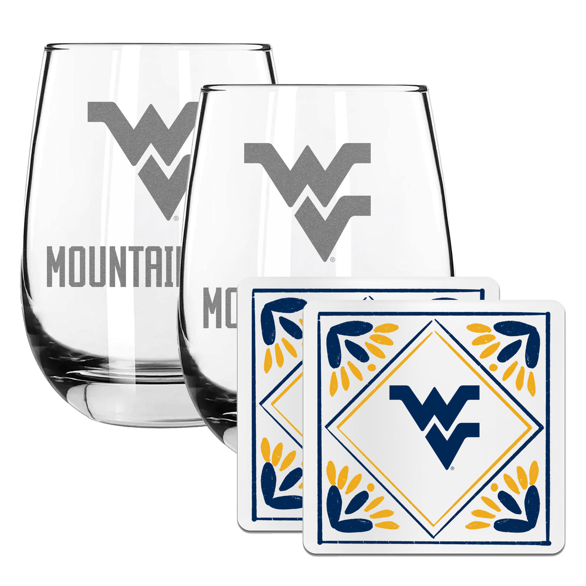 2 Pack Stemless Wine Glasses and Coaster set | West Virginia University
