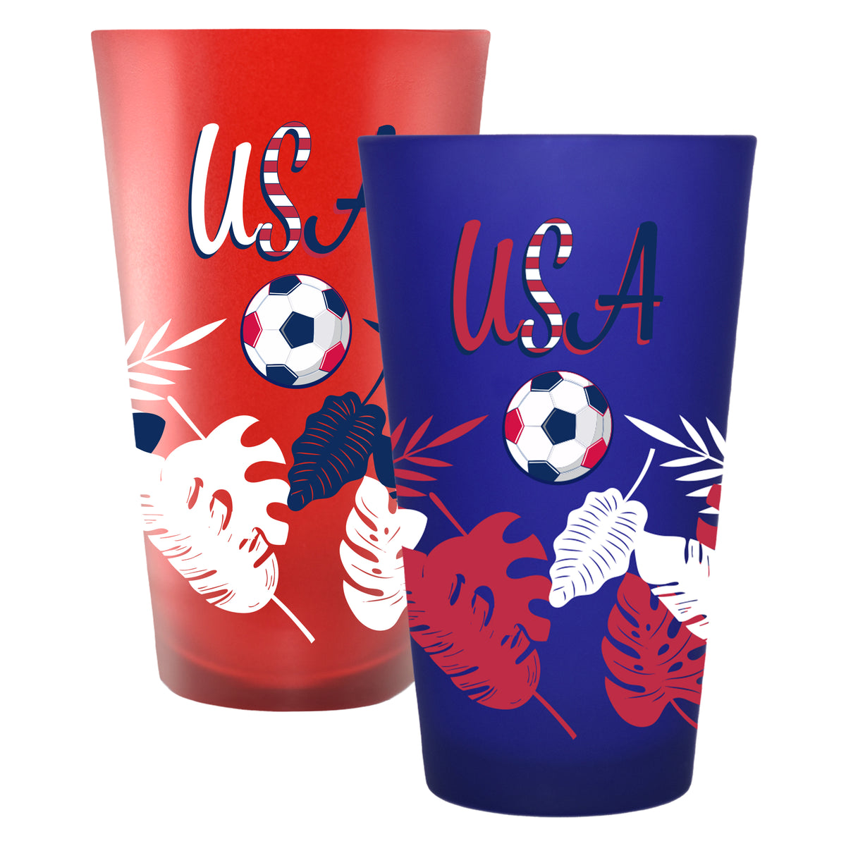 2pk 16oz Red/Blue Frosted Pint Glass, Direct Print, United States of America