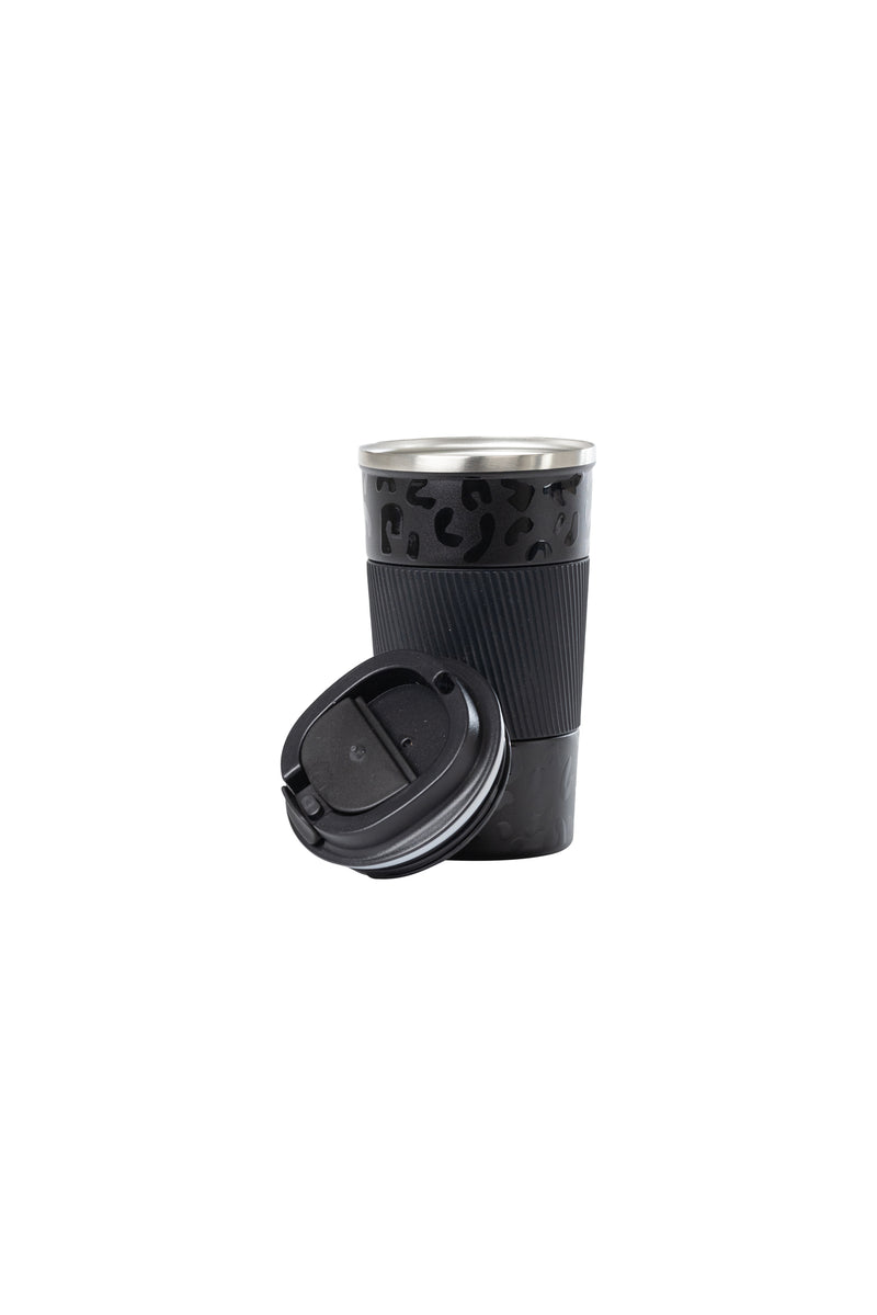 18oz. Travel Coffee Mug with Flip Lid and Silicone Sleeve | Black Leopard