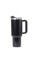 40oz. Tumbler with Handle and Straw Lid | Black Leopard