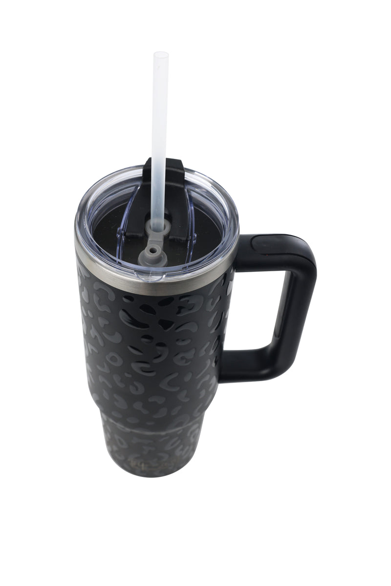 40oz. Tumbler with Handle and Straw Lid | Black Leopard
