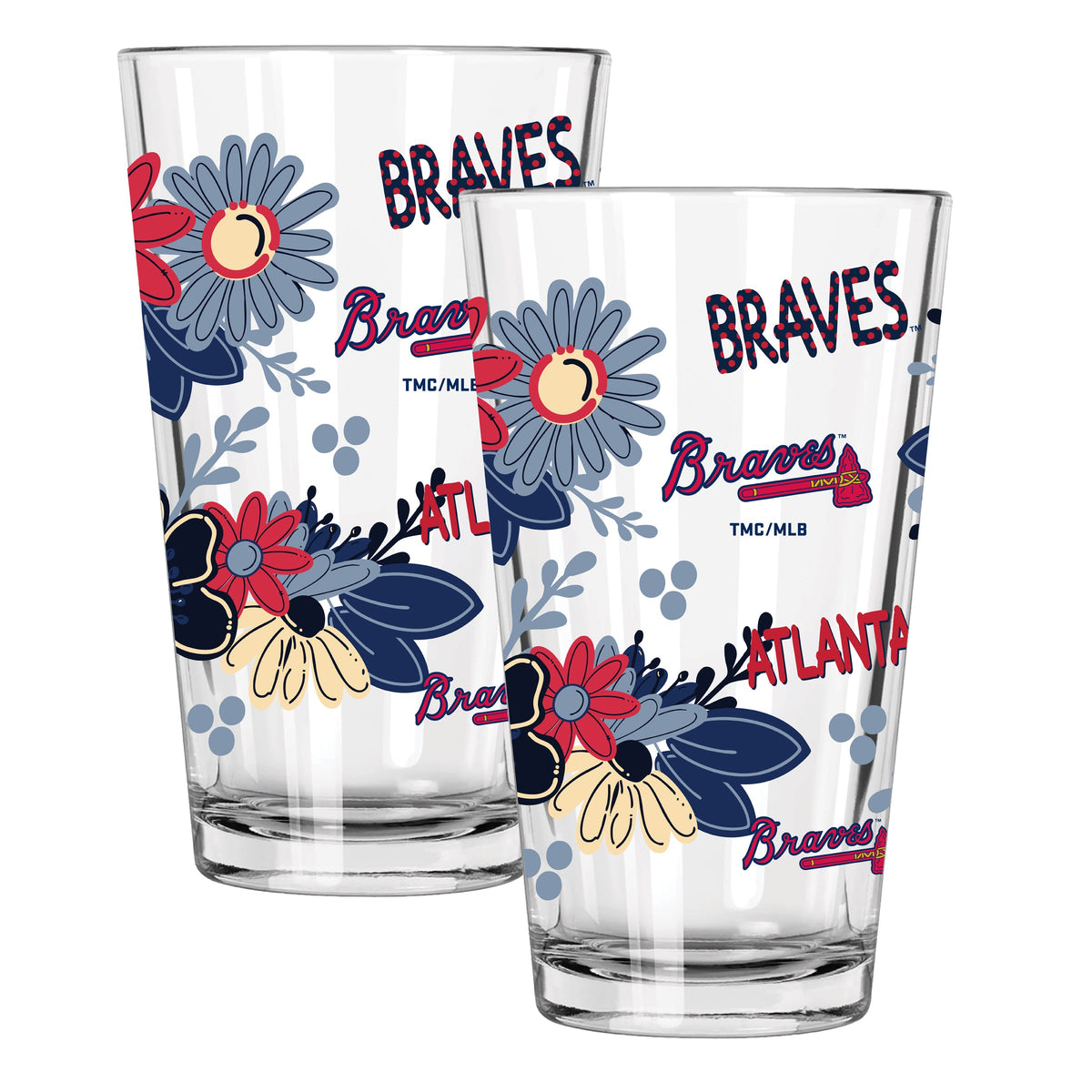 2pk 16oz Pint Glass, Direct Print, Flowers Design | Atlanta Braves