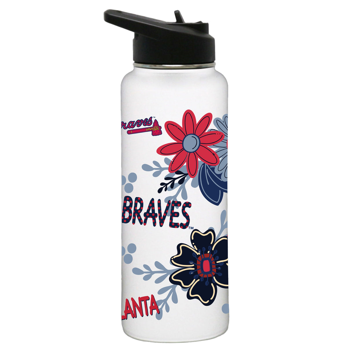 34oz White Quencher Water Bottle, Direct Print, Flowers Design | Atlanta Braves