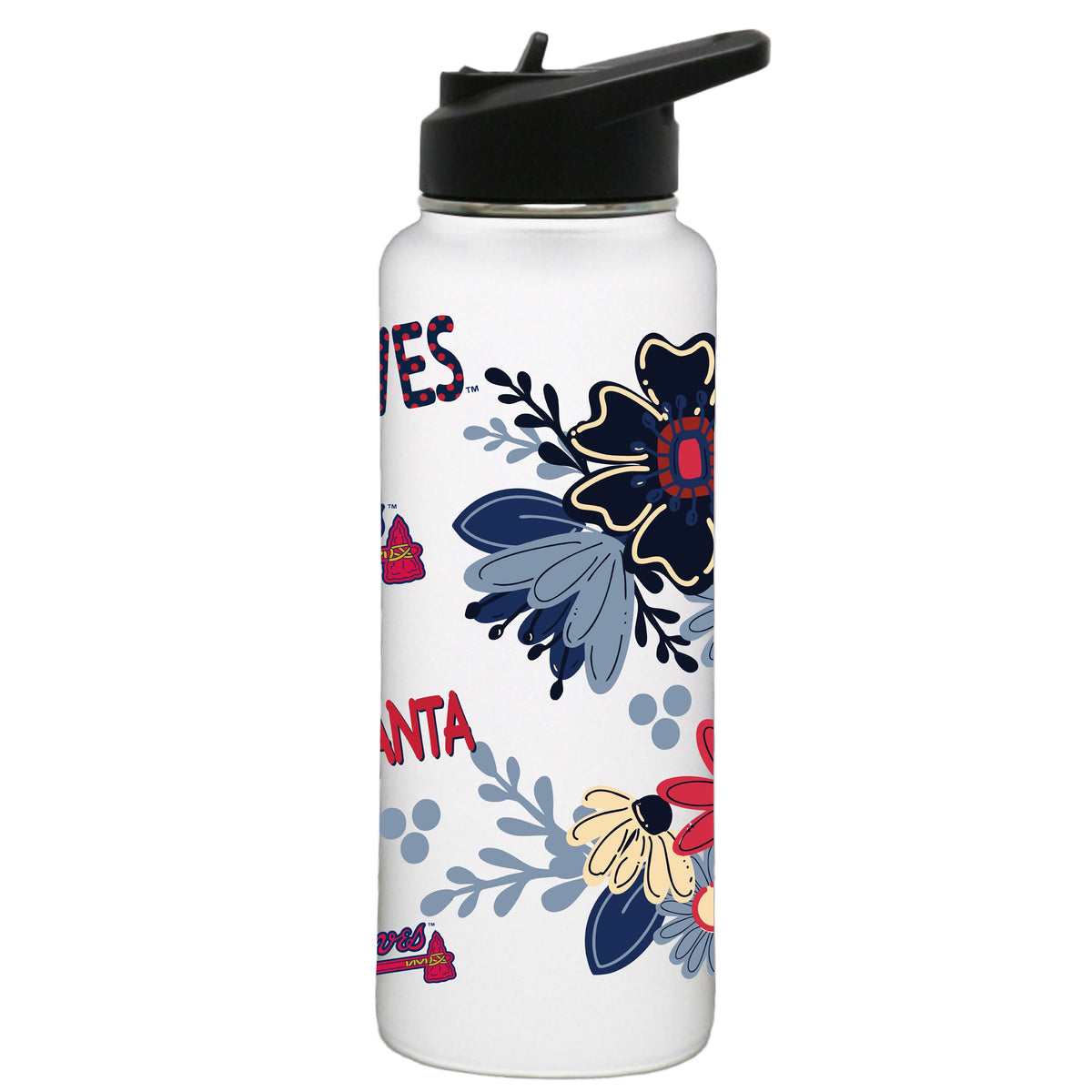 34oz White Quencher Water Bottle, Direct Print, Flowers Design | Atlanta Braves