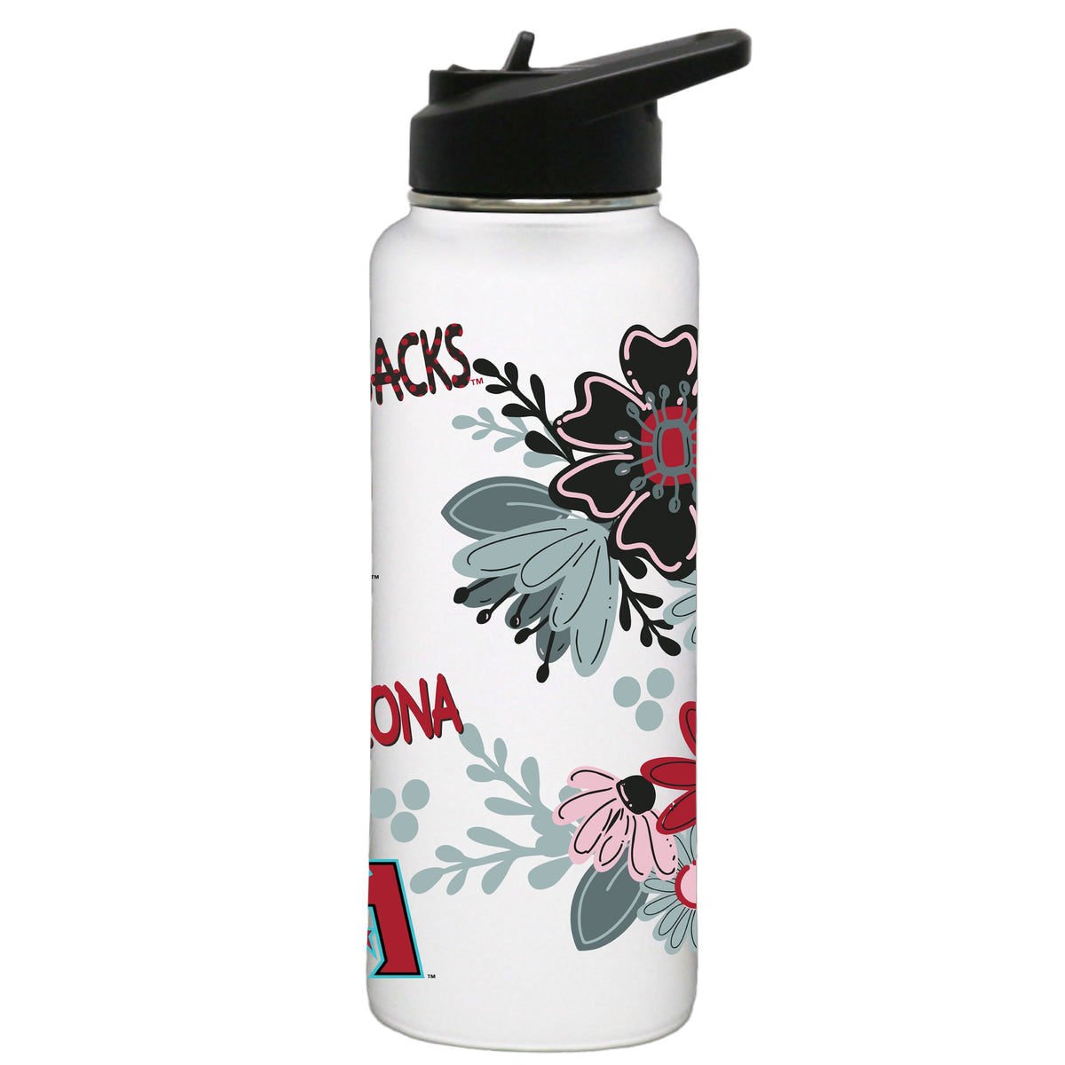 34oz White Quencher Water Bottle, Direct Print, Flowers Design | Arizona Diamondbacks