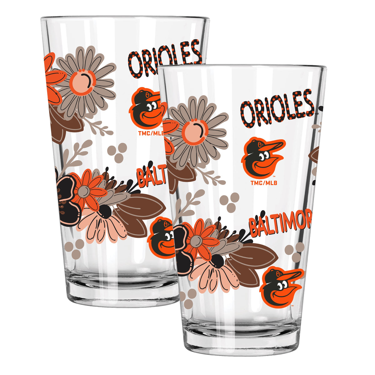 2pk 16oz Pint Glass, Direct Print, Flowers Design | Baltimore Orioles