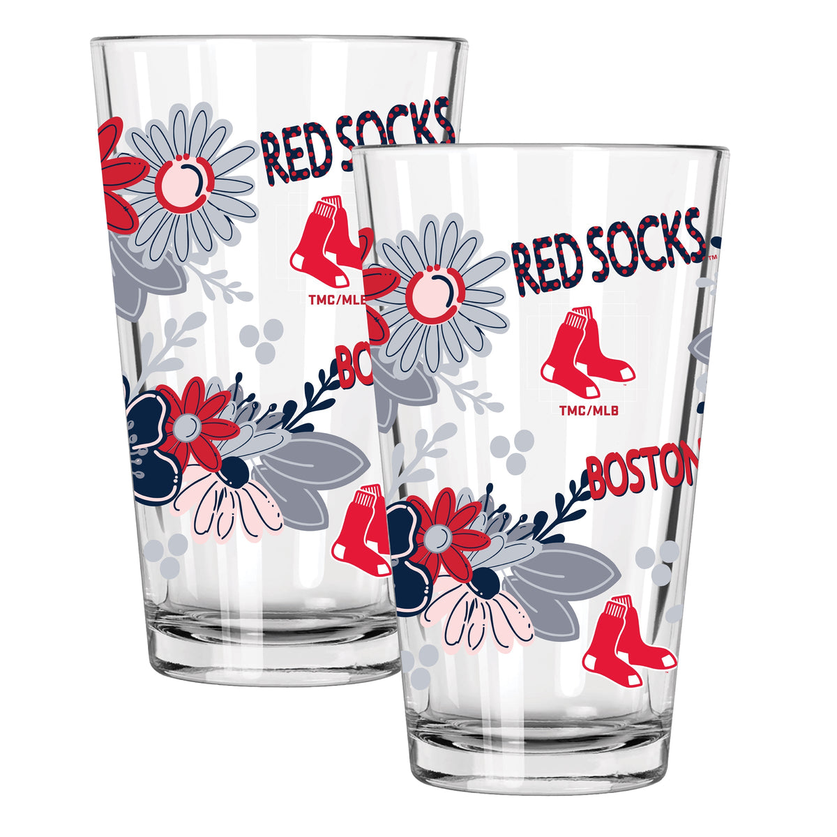 2pk 16oz Pint Glass, Direct Print, Flowers Design | Boston Red Sox