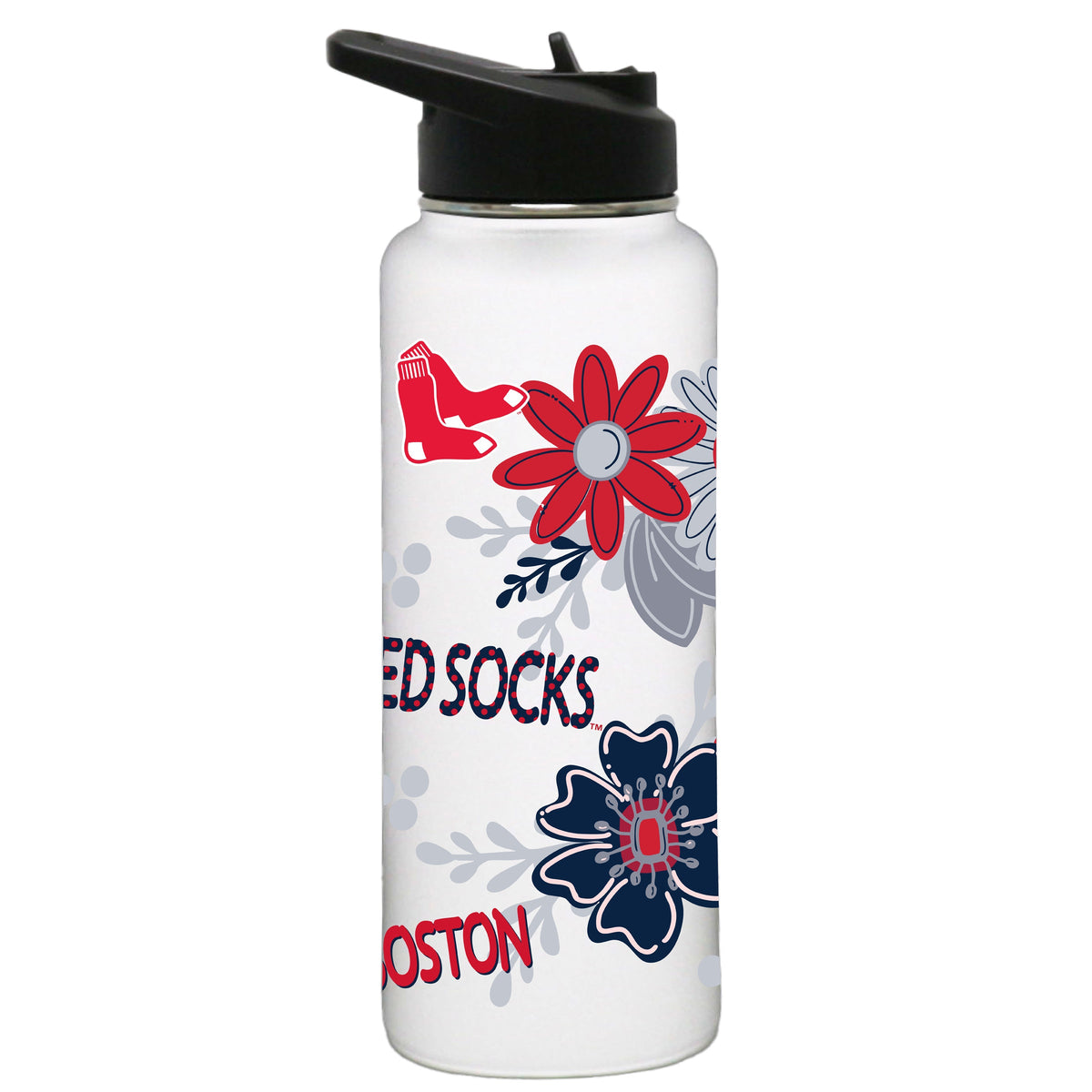 34oz White Quencher Water Bottle, Direct Print, Flowers Design | Boston Red Sox
