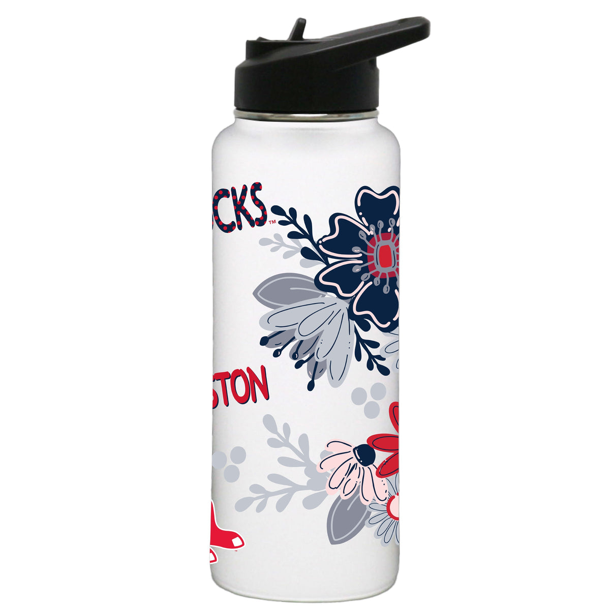 34oz White Quencher Water Bottle, Direct Print, Flowers Design | Boston Red Sox
