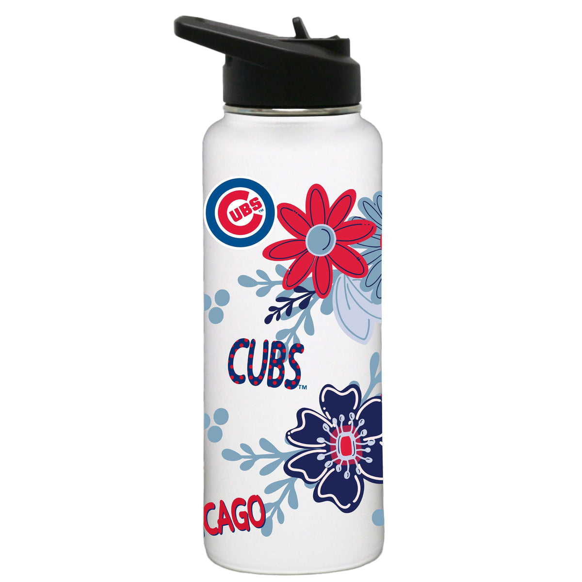 34oz White Quencher Water Bottle, Direct Print, Flowers Design | Chicago Cubs