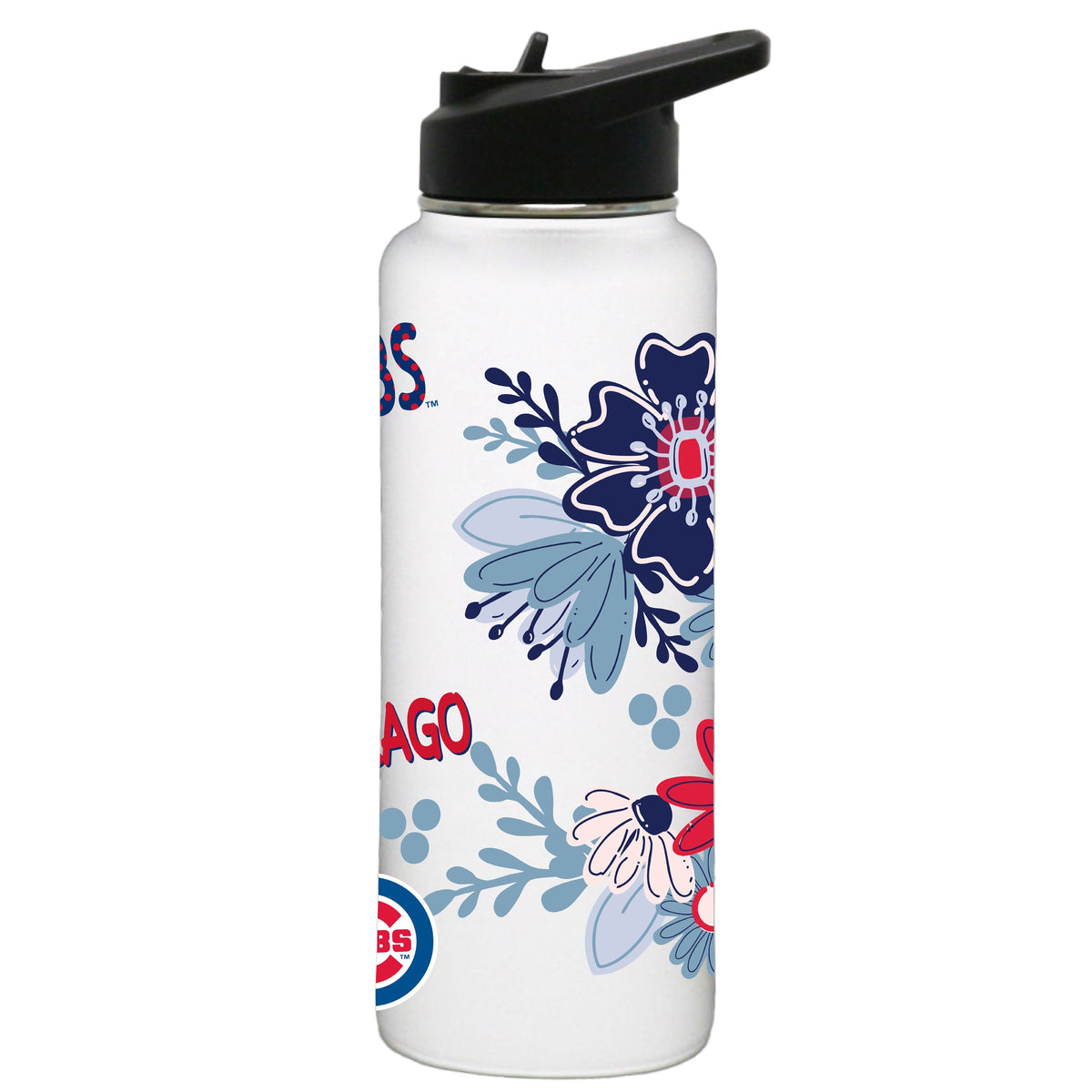 34oz White Quencher Water Bottle, Direct Print, Flowers Design | Chicago Cubs