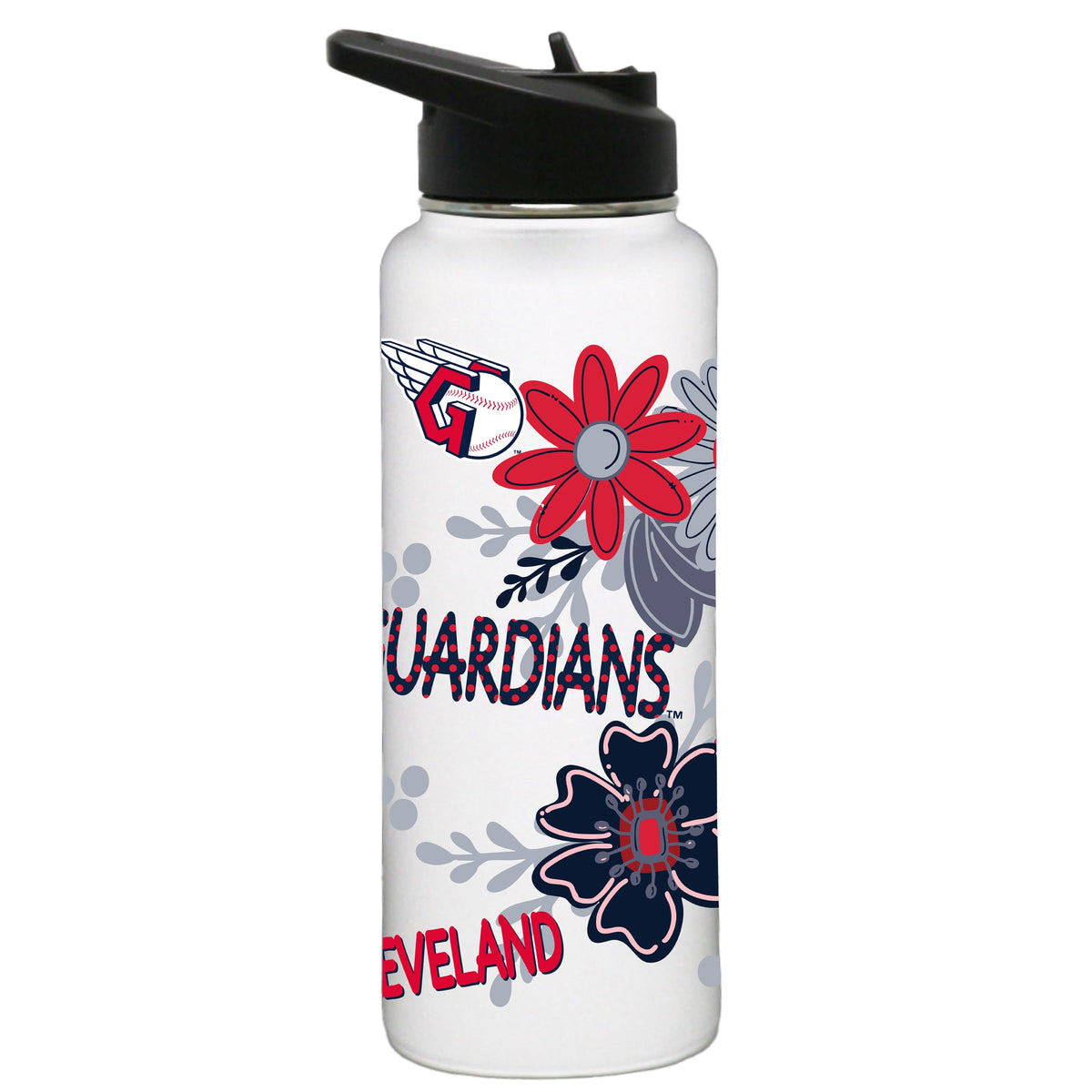 34oz White Quencher Water Bottle, Direct Print, Flowers Design | Cleveland Guardians