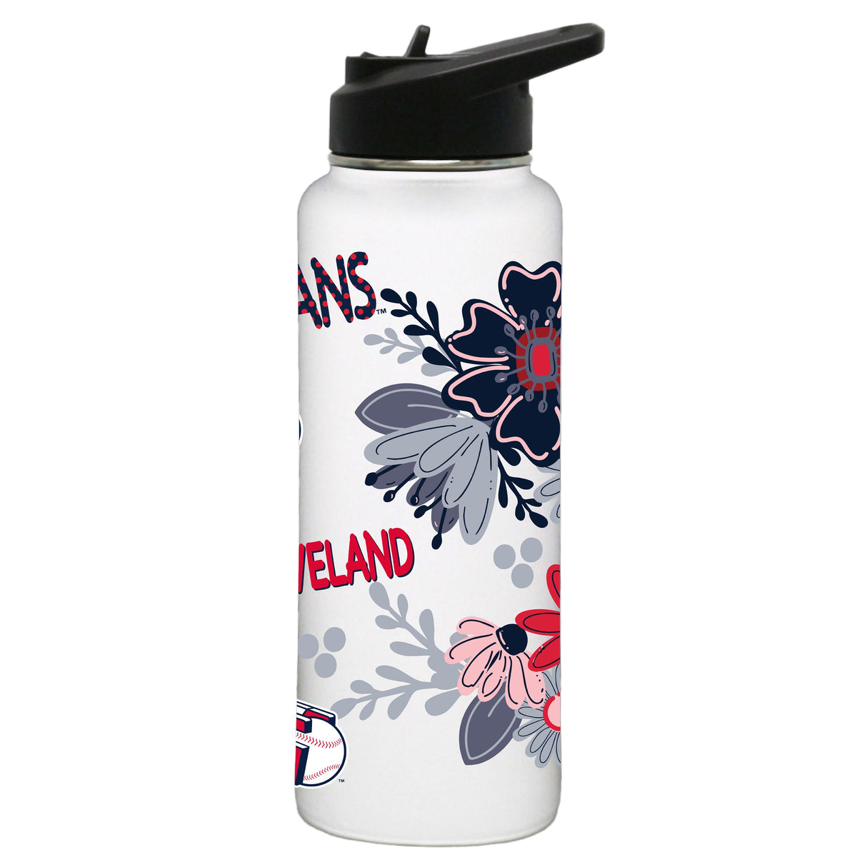 34oz White Quencher Water Bottle, Direct Print, Flowers Design | Cleveland Guardians