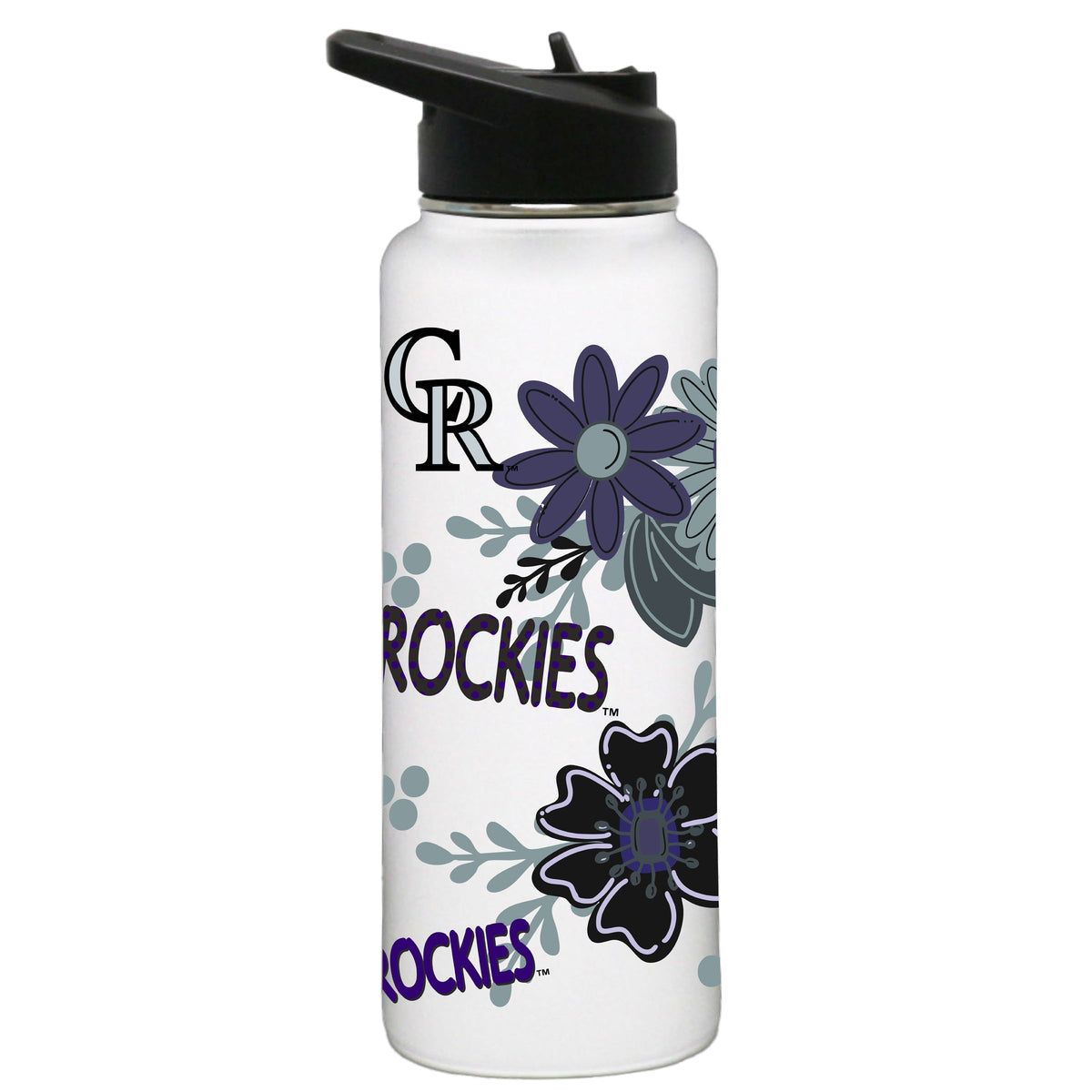 34oz White Quencher Water Bottle, Direct Print, Flowers Design | Colorado Rockies