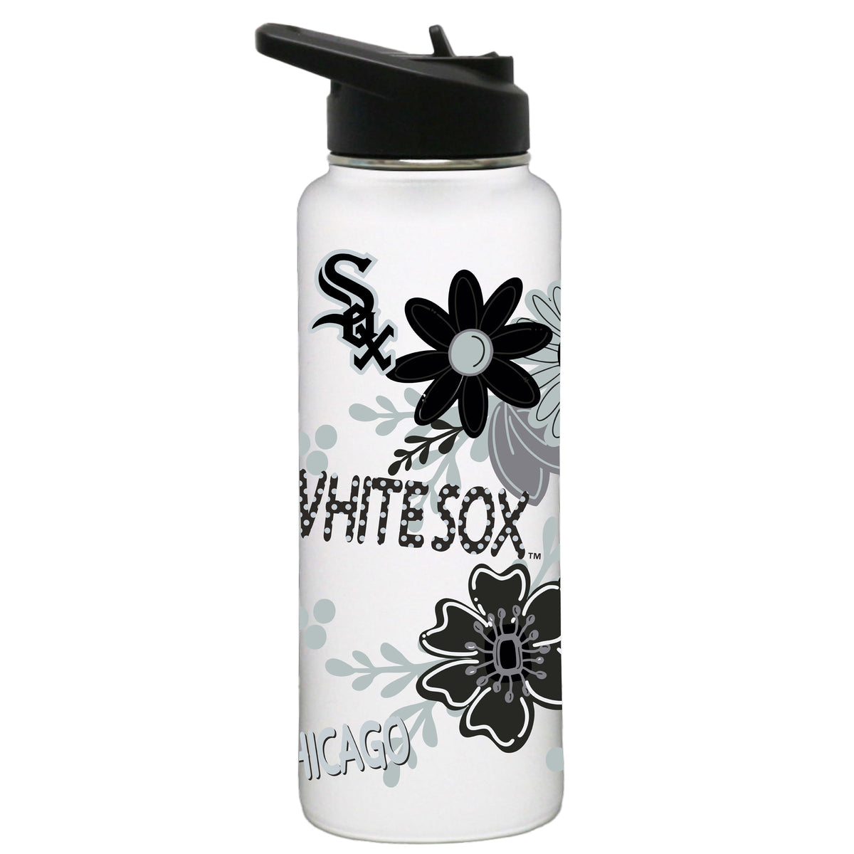34oz White Quencher Water Bottle, Direct Print, Flowers Design | Chicago White Sox